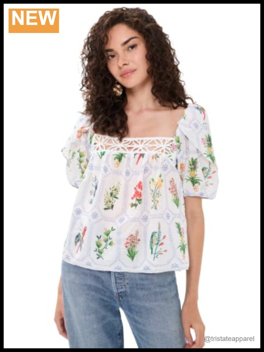 FARM Rio Tropical Porcelain Blouse Cotton Square Neck Puff Sleeve